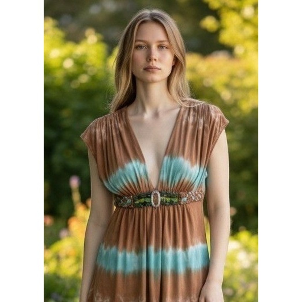 Sky TunicTop Medium Y2K Brown Turquoise Tie Dye Beaded Empire Waist
